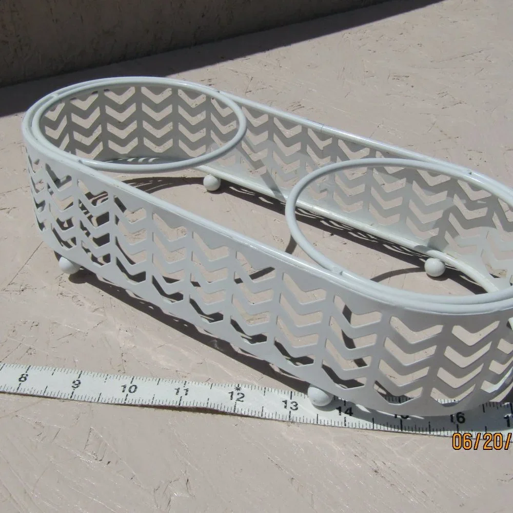 White pet food two bowl slot floor stand or counter stand.